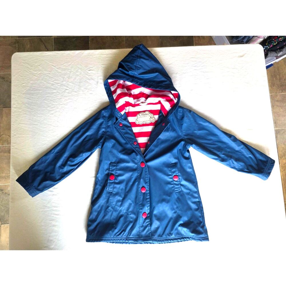 Hatley Rain Jacket - Blue w/ Striped Terry Lining - Sz 8 (NWOT / Minor Flaw)